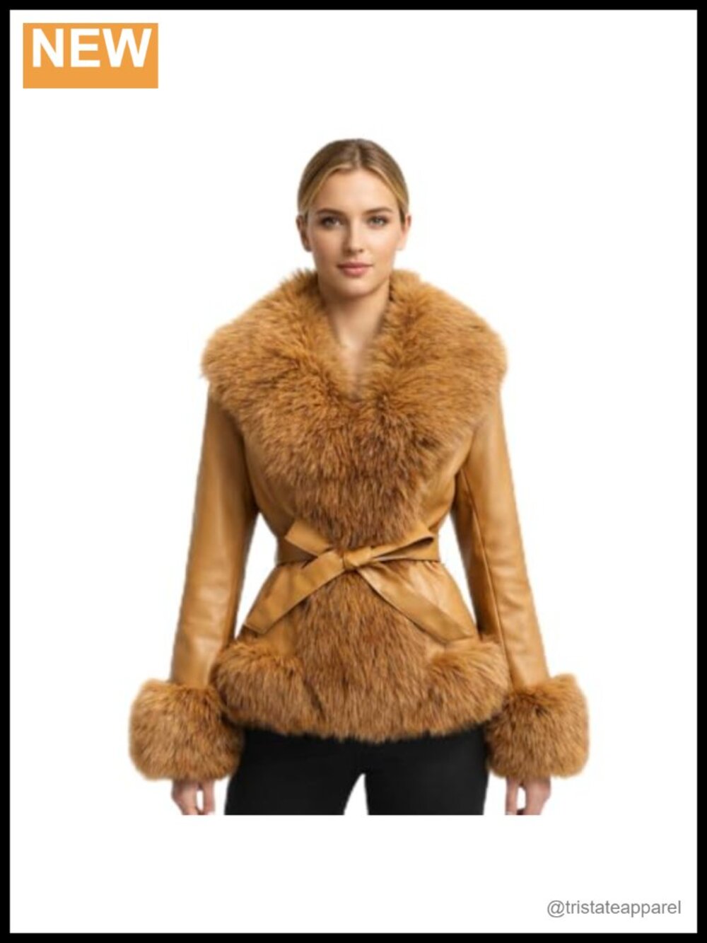 Women's Cropped Vegan Leather Jacket Faux Fur Trim Collar Fleece Lined Belted